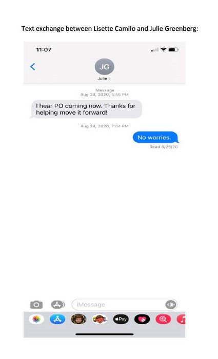 Text message exchange between Lisette Camilo, then-commissioner of the Department of Citywide Administrative Services, and Julie Greenberg, an executive vice president at Kasirer